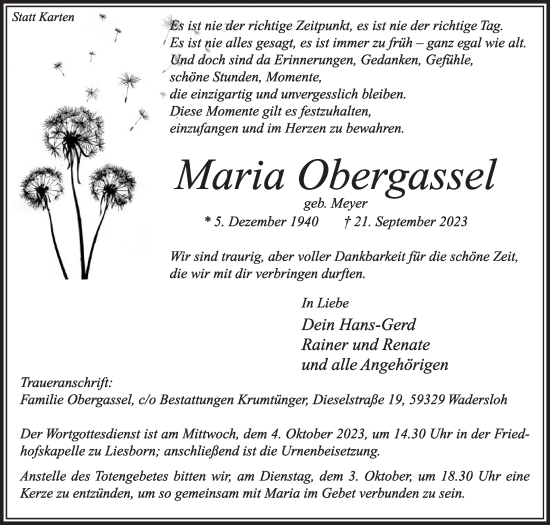 Traueranzeige von Maria Obergassel von Die Glocke