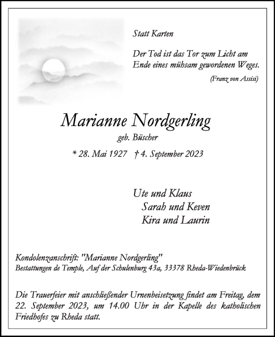 Traueranzeige von Marianne Nordgerling von Die Glocke