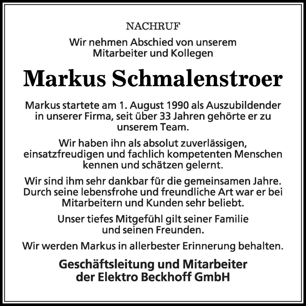  Traueranzeige für Markus Schmalenstroer vom 16.09.2023 aus Die Glocke