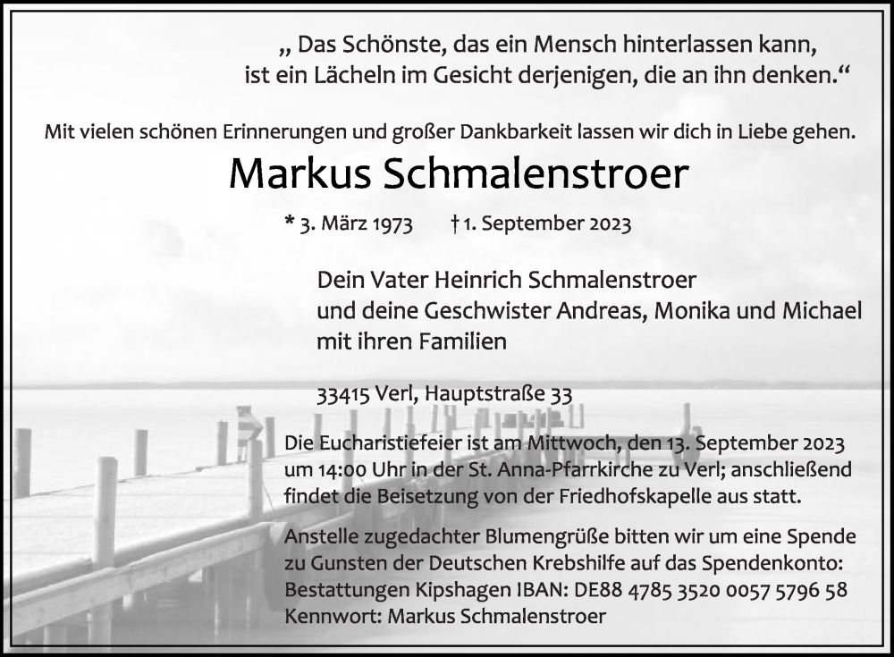  Traueranzeige für Markus Schmalenstroer vom 09.09.2023 aus Die Glocke