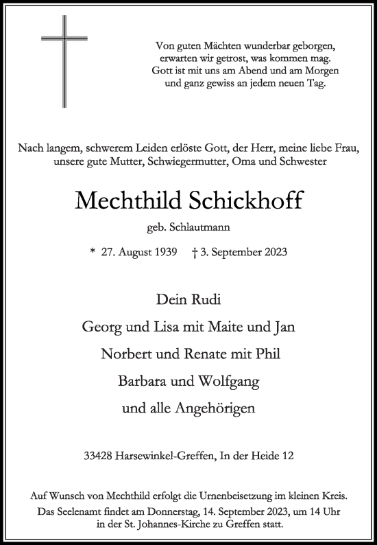 Traueranzeige von Mechthild Schickhoff von Die Glocke