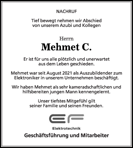 Traueranzeige von Mehmet C. von Die Glocke