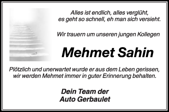 Traueranzeige von Mehmet Sahin von Die Glocke