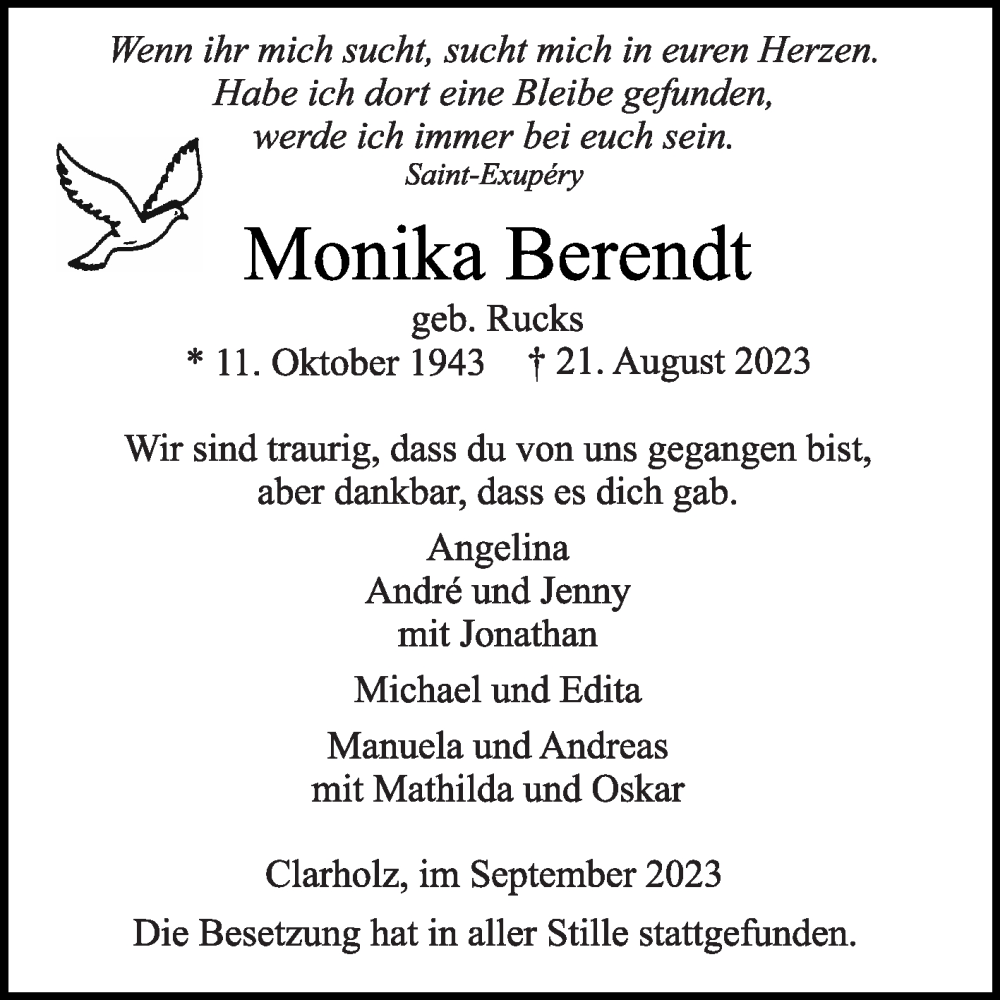  Traueranzeige für Monika Berendt vom 16.09.2023 aus Die Glocke