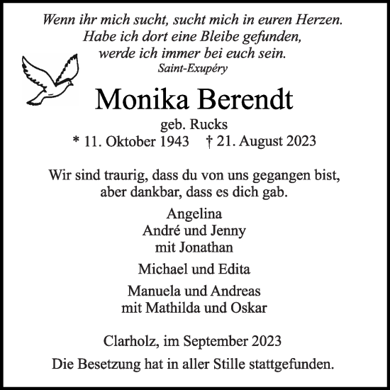 Traueranzeige von Monika Berendt von Die Glocke