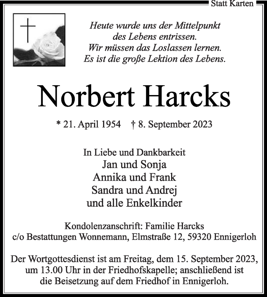  Traueranzeige für Norbert Harcks vom 12.09.2023 aus Die Glocke