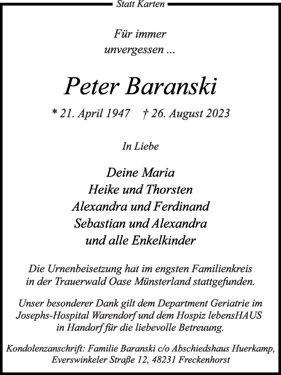 Traueranzeige von Peter Baranski von Die Glocke