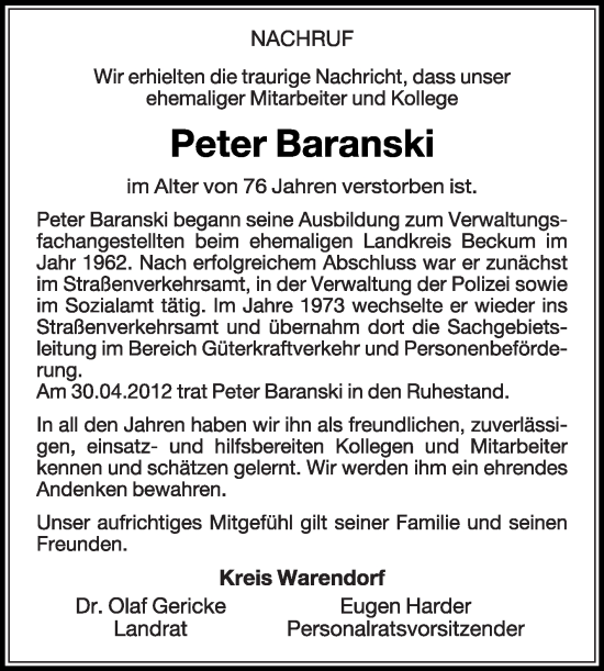 Traueranzeige von Peter Baranski von Die Glocke