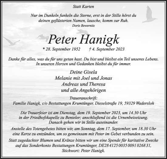 Traueranzeige von Peter Hanigk von Die Glocke