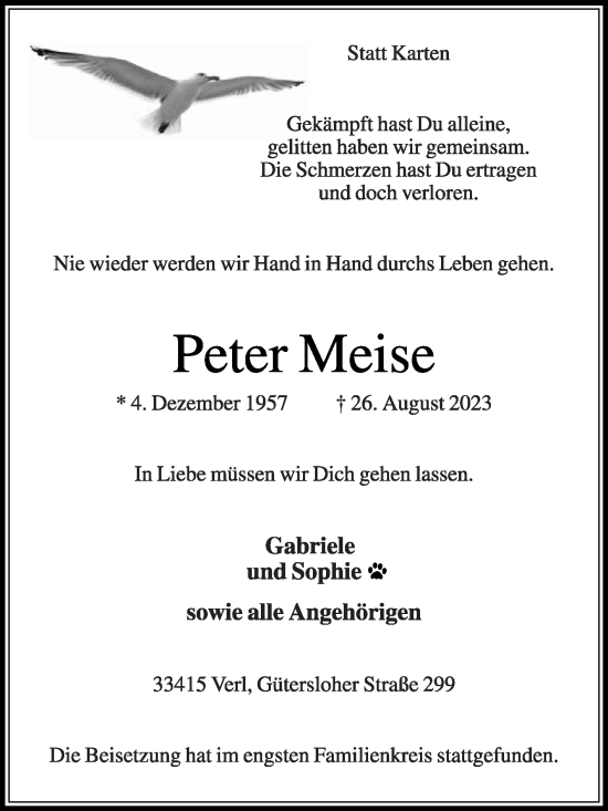 Traueranzeige von Peter Meise von Die Glocke