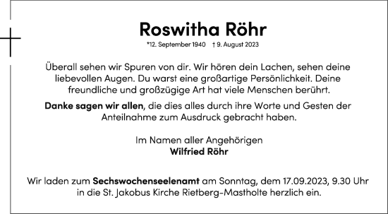 Traueranzeige von Roswitha Röhr von Die Glocke