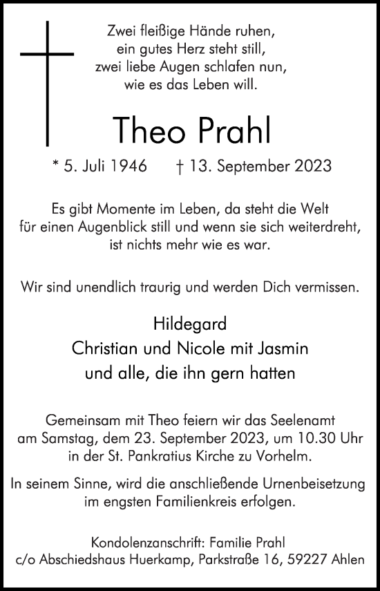 Traueranzeige von Theo Prahl von Die Glocke