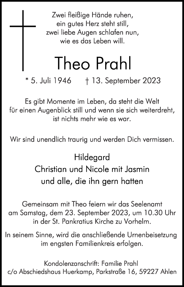 Traueranzeige für Theo Prahl vom 19.09.2023 aus Die Glocke