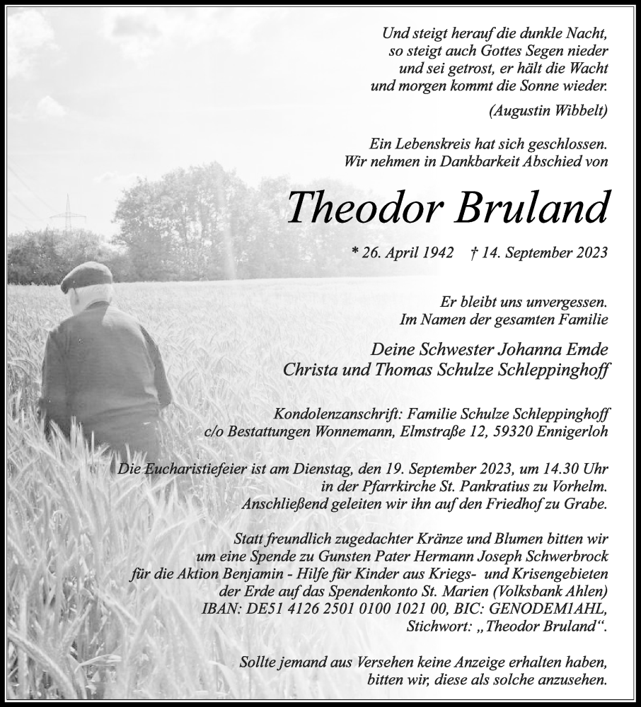  Traueranzeige für Theodor Bruland vom 16.09.2023 aus Die Glocke