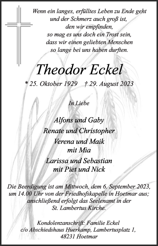 Traueranzeige von Theodor Eckel von Die Glocke