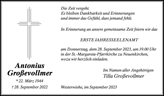 Traueranzeige von Tilla Großevollmer von Die Glocke