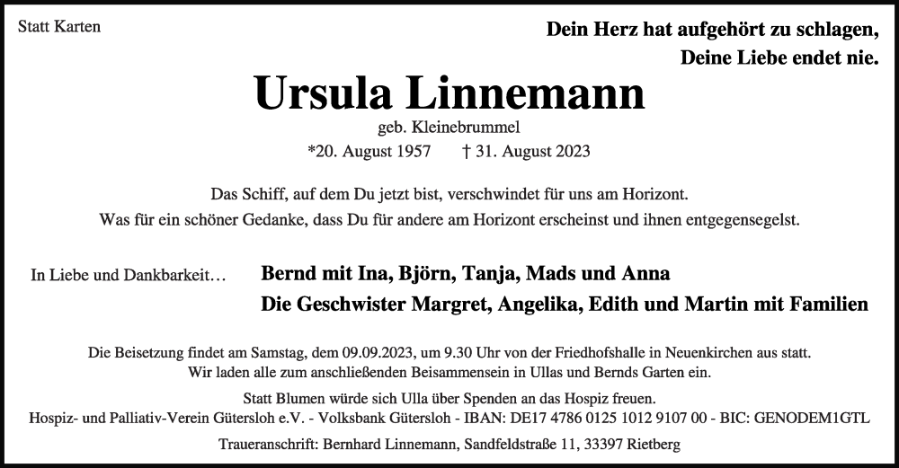  Traueranzeige für Ursula Linnemann vom 02.09.2023 aus Die Glocke