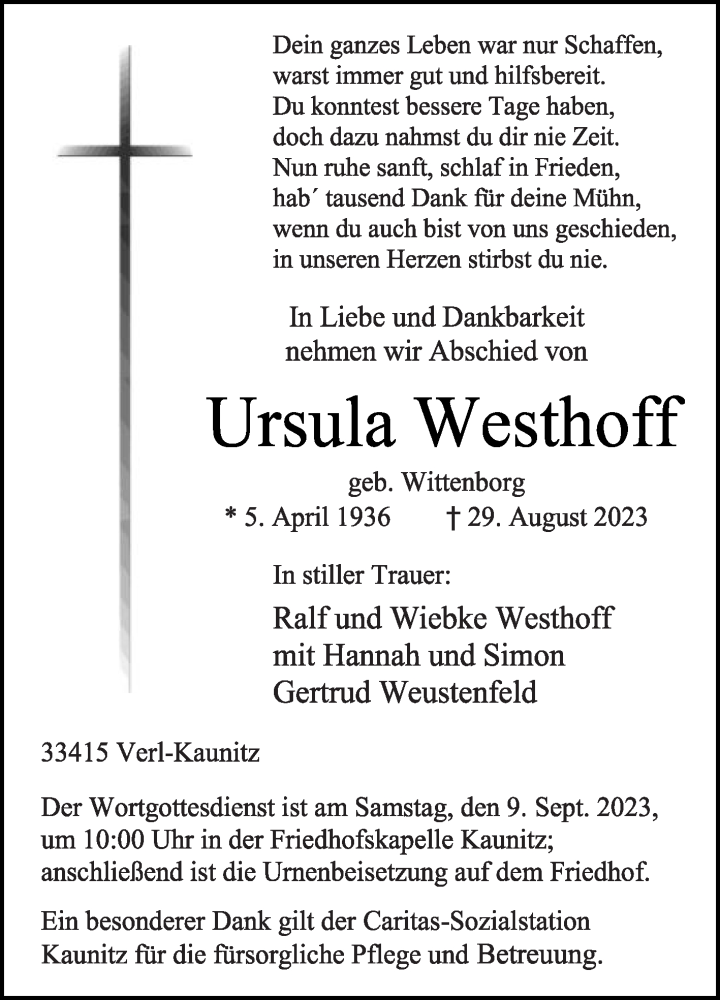  Traueranzeige für Ursula Westhoff vom 02.09.2023 aus Die Glocke