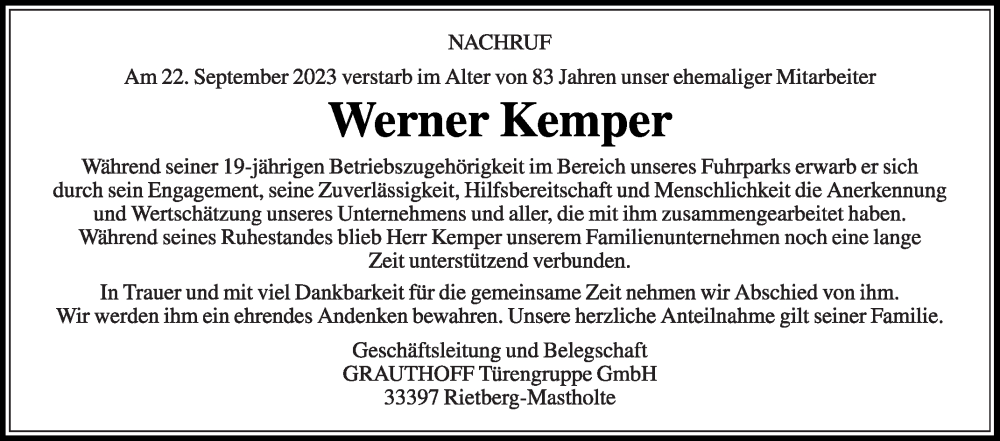  Traueranzeige für Werner Kemper vom 30.09.2023 aus Die Glocke