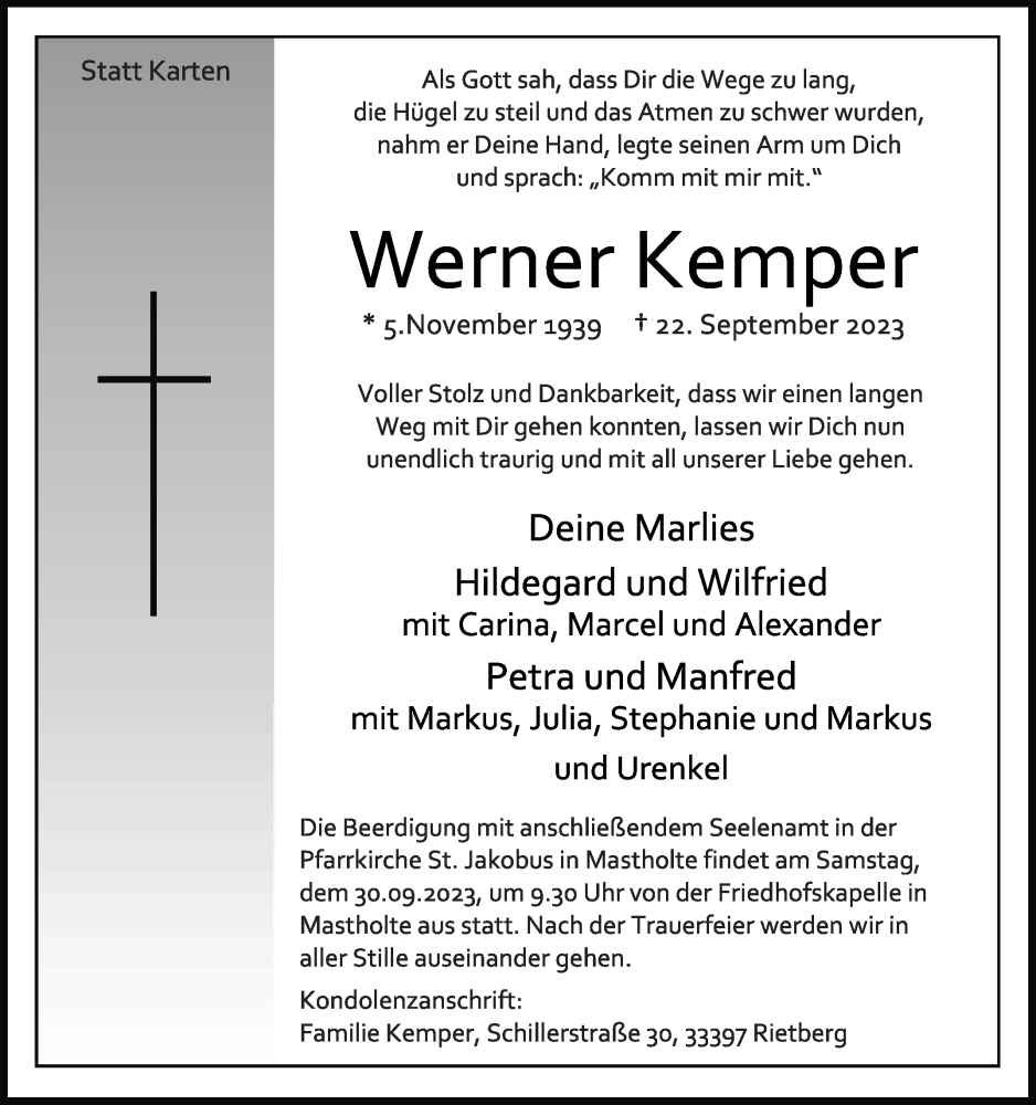  Traueranzeige für Werner Kemper vom 27.09.2023 aus Die Glocke