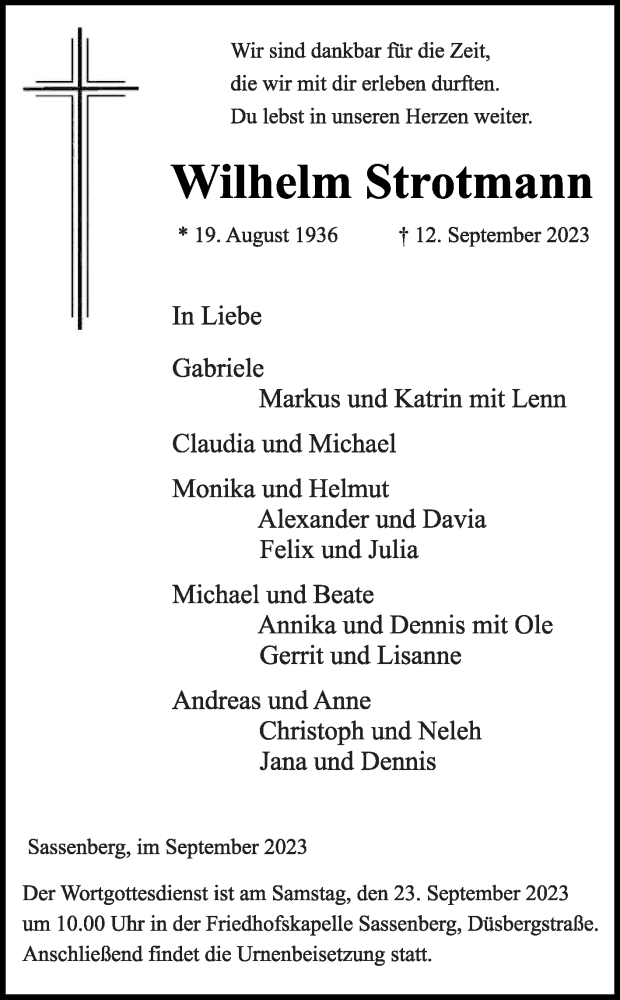  Traueranzeige für Wilhelm Strotmann vom 16.09.2023 aus Die Glocke