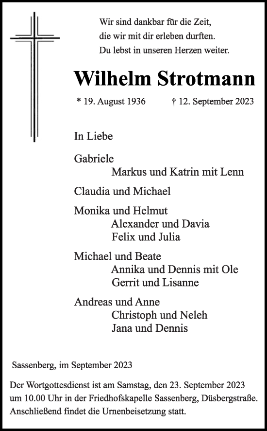 Traueranzeige von Wilhelm Strotmann von Die Glocke