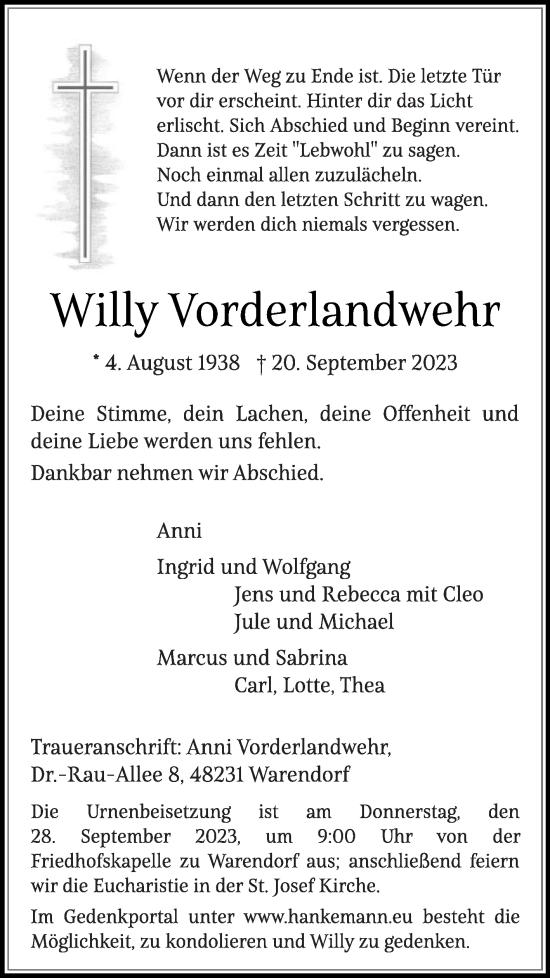 Traueranzeige von Willy Vorderlandwehr von Die Glocke