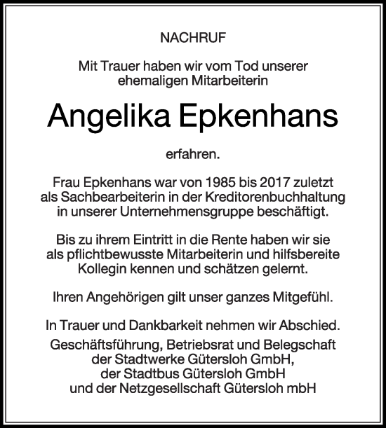Traueranzeige von Angelika Epkenhans von Die Glocke