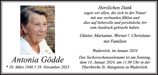 Traueranzeige von Antonia Gödde von Die Glocke