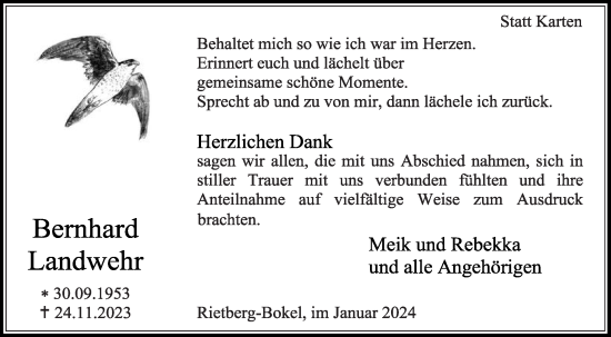 Traueranzeige von Bernhard Landwehr von Die Glocke