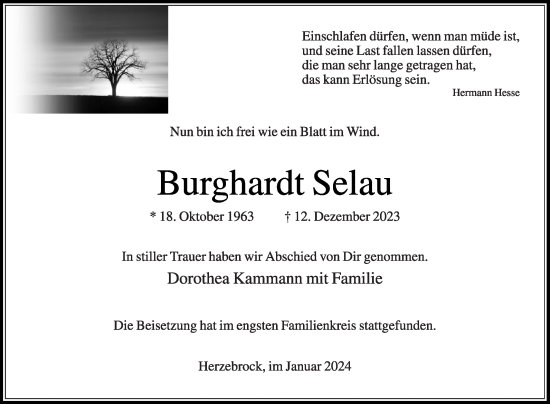 Traueranzeige von Burghardt Selau von Die Glocke
