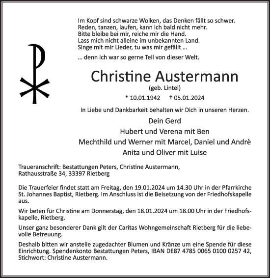 Traueranzeige von Christine Austermann von Die Glocke