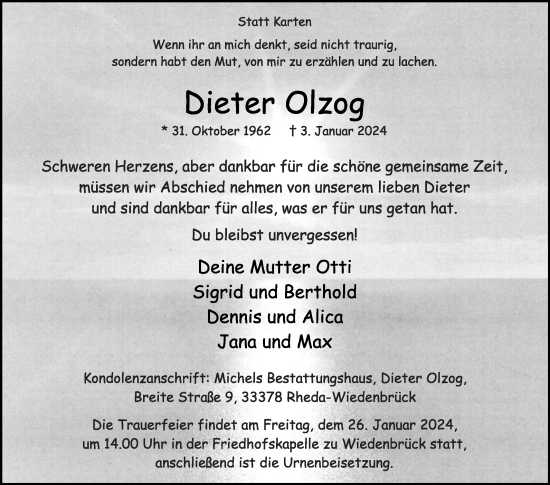 Traueranzeige von Dieter Olzog von Die Glocke