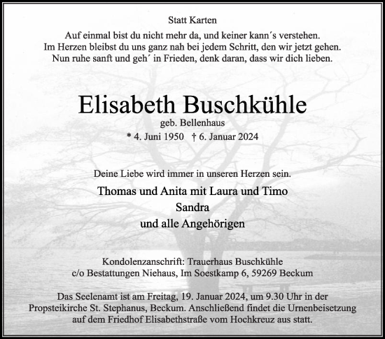 Traueranzeige von Elisabeth Buschkühle von Die Glocke