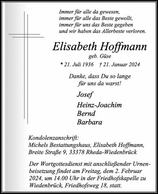 Traueranzeige von Elisabeth Hoffmann von Die Glocke