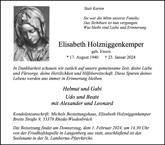 Traueranzeige von Elisabeth Holzniggenkemper von Die Glocke