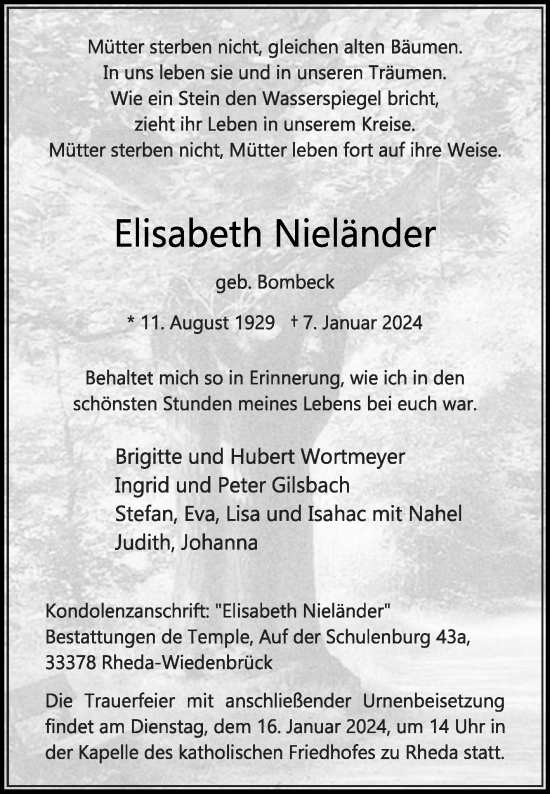 Traueranzeige von Elisabeth Nieländer von Die Glocke