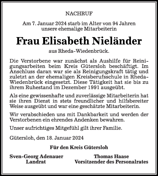 Traueranzeige von Elisabeth Nieländer von Die Glocke