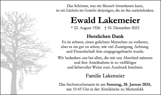 Traueranzeige von Ewald Lakemeier von Die Glocke