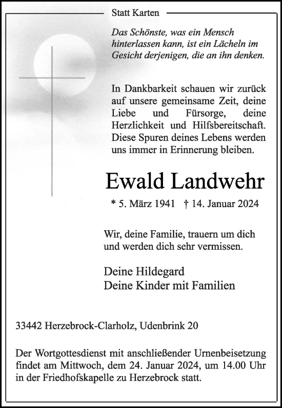 Traueranzeige von Ewald Landwehr von Die Glocke