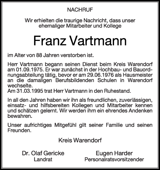 Traueranzeige von Franz Vartmann von Die Glocke