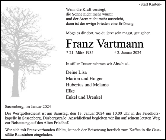 Traueranzeige von Franz Vartmann von Die Glocke