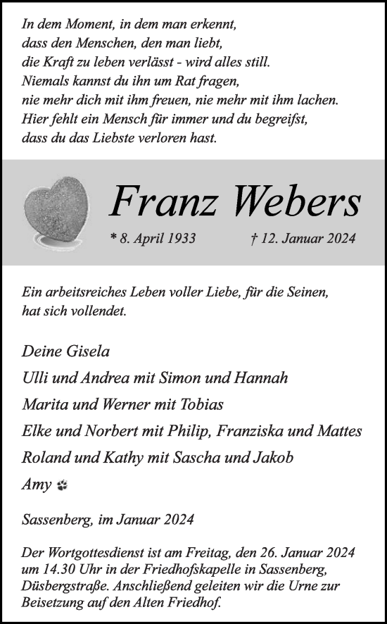 Traueranzeige von Franz Webers von Die Glocke