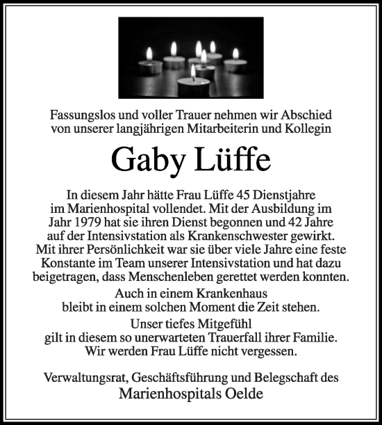 Traueranzeige von Gaby Lüffe von Die Glocke