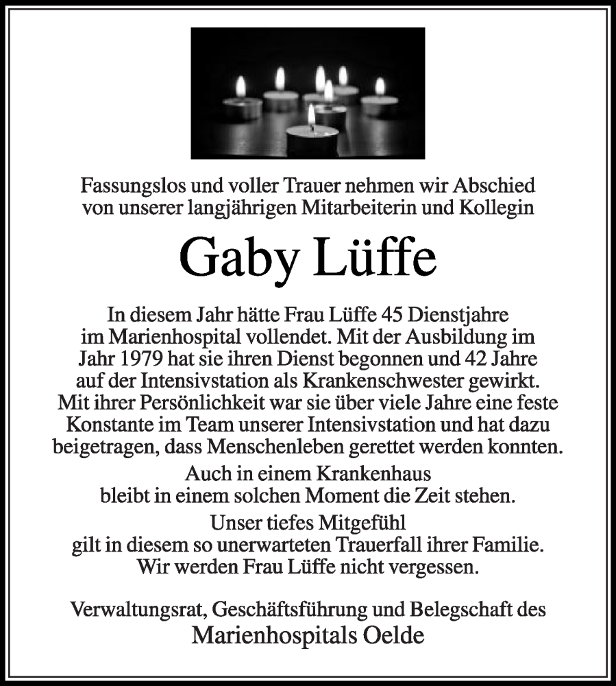  Traueranzeige für Gaby Lüffe vom 13.01.2024 aus Die Glocke