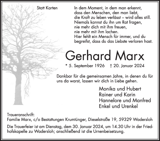 Traueranzeige von Gerhard Marx von Die Glocke