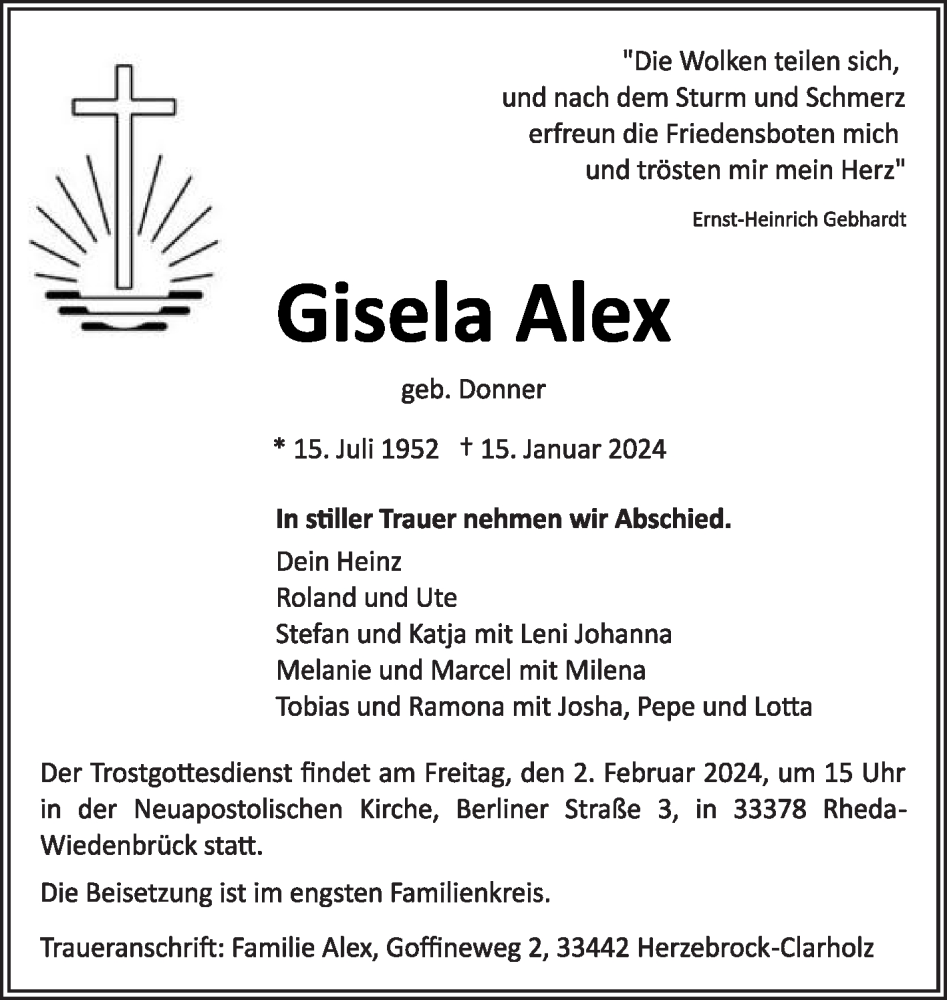  Traueranzeige für Gisela Alex vom 20.01.2024 aus Die Glocke