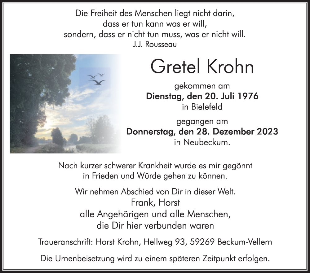  Traueranzeige für Gretel Krohn vom 10.01.2024 aus Die Glocke