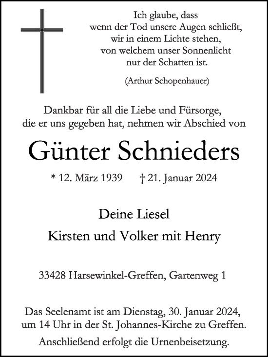 Traueranzeige von Günter Schnieders von Die Glocke