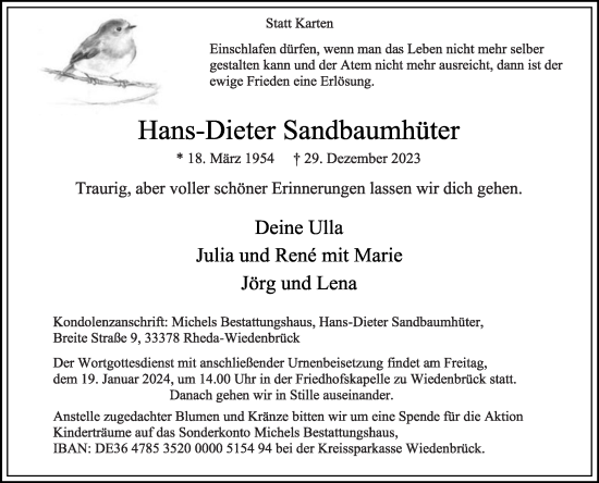 Traueranzeige von Hans-Dieter Sandbaumhüter von Die Glocke